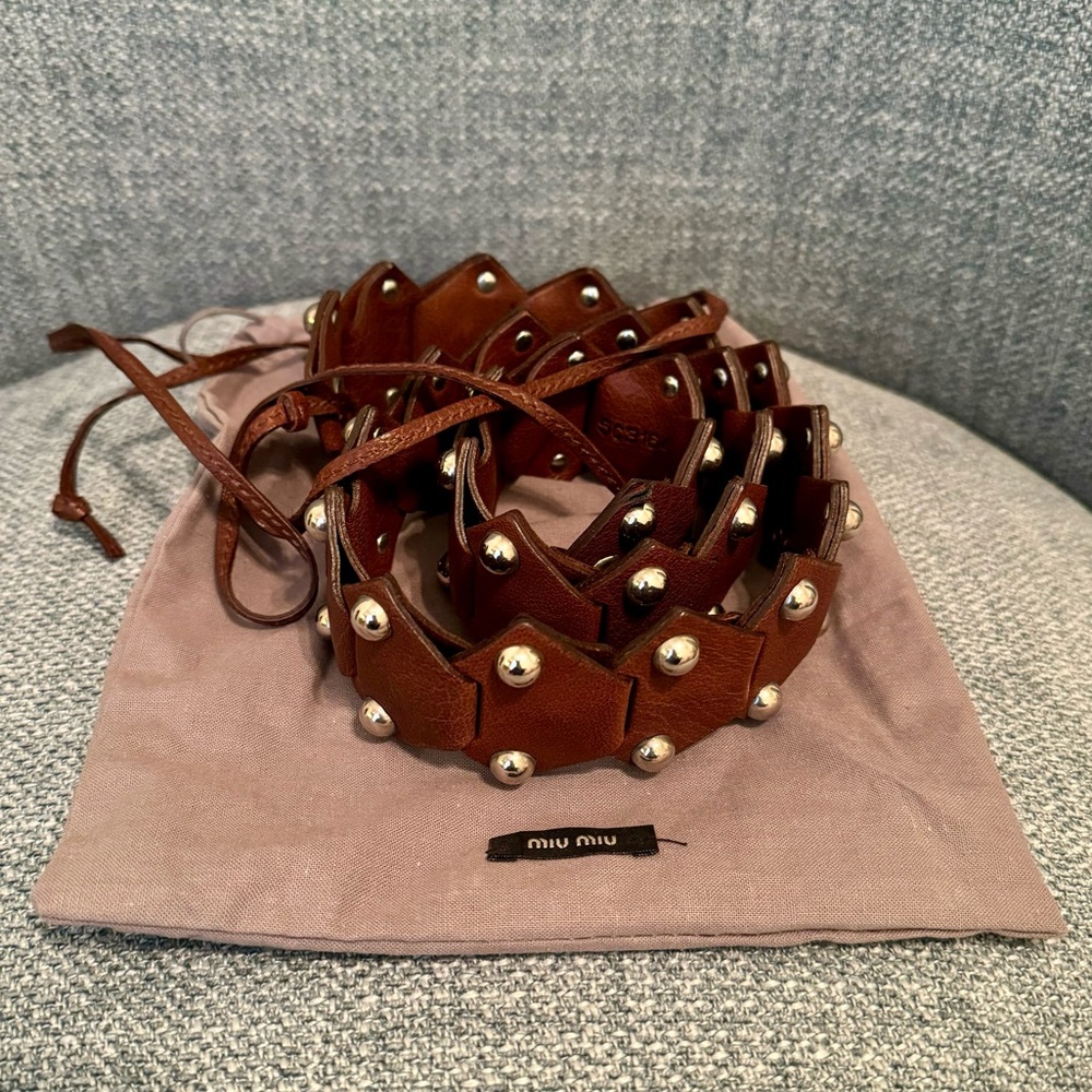 MIU MIU tie front leather belt with silver studs